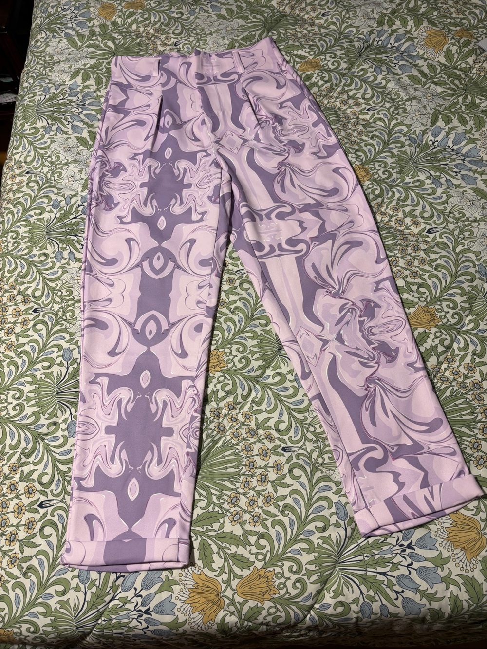 SHEKOU Purple Lavender Pink Swirl Print Pleated Stretch Cigarette Style Pants M